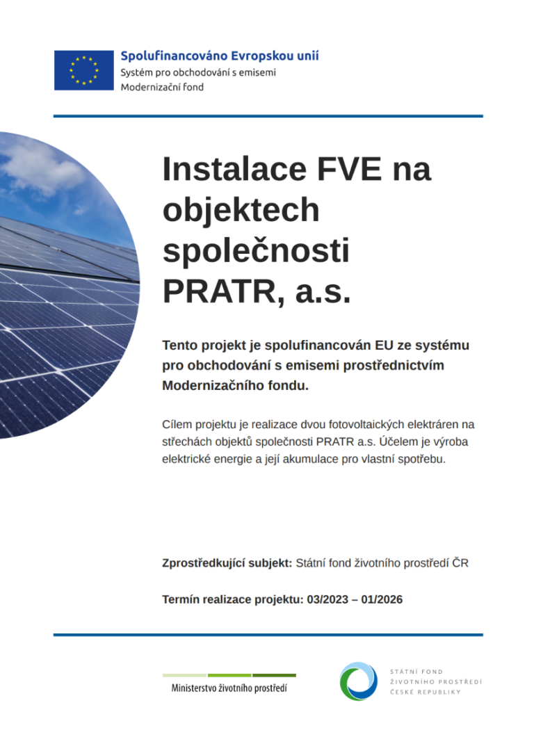 Instalace FVE na objektech společnosti PRATR, a.s. – spolufinancováno Evropskou unií